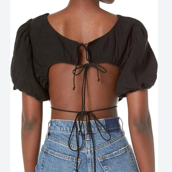 Astr the Label Simona crop top women’s black linen tie back short sleeve XS - Picture 3 of 7